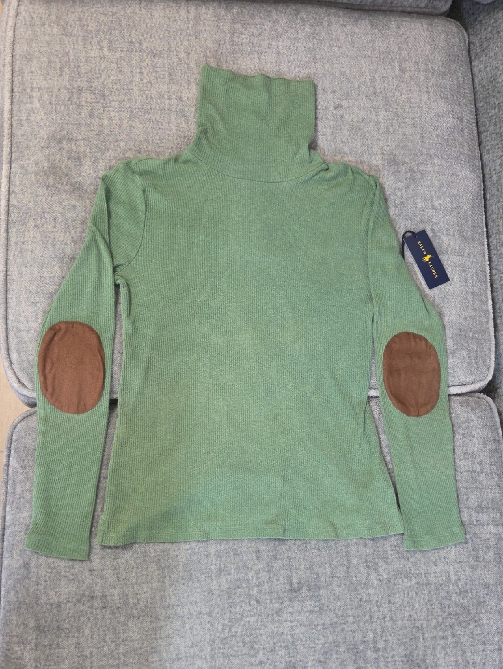 Lauren Ralph Lauren Green Ribbed Turtleneck Sweater with Brown Elbow Patches